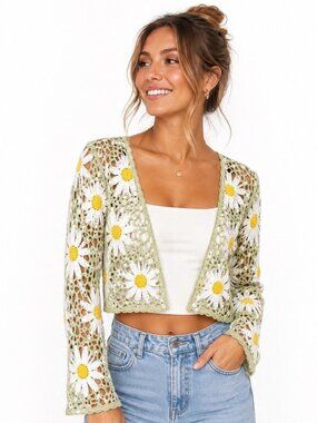 Audrey Parks Daisy Crochet Sage Green Boho Floral Shrug Cottagecore Cardigan